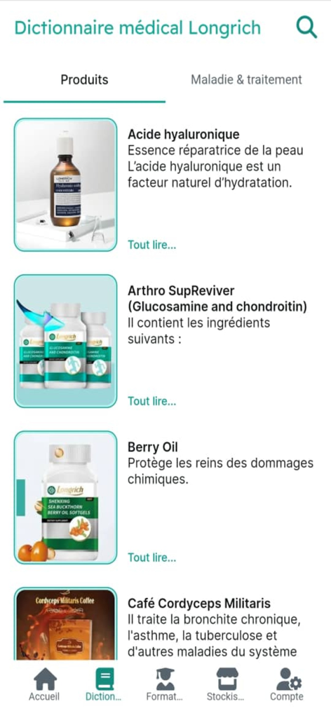 Longrich connect PRO - Longrich connect PRO app showing the product dictionary list with health and wellness items like hyaluronic acid and berry oil