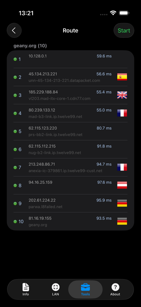 Traceroute diagnostic results showing network hops and response times for a website in the Network Analyzer app