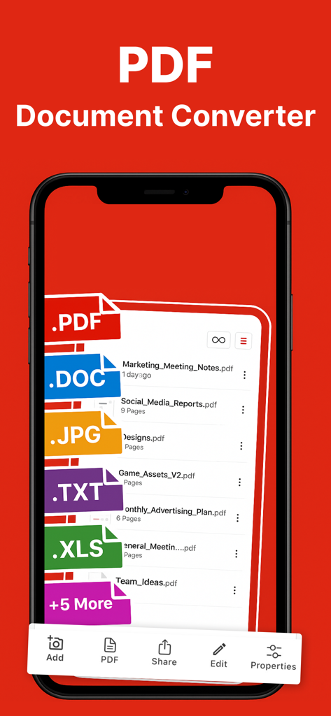 Photo to PDF converter scan. - Interfaz de la aplicación móvil que muestra la gestión de documentos y las opciones de conversión de archivos para formatos PDF, DOC y JPG