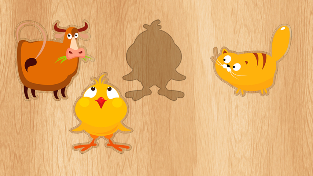 Baby games for one year olds! - A digital wooden puzzle game for toddlers featuring colorful cartoon animals including a cow, chick, and cat.