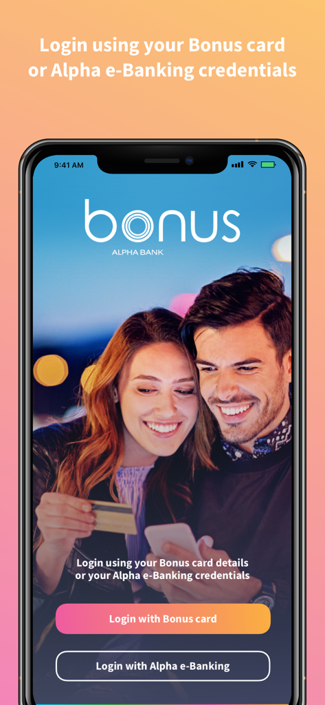 Login screen of the Bonus by Alpha Bank app with options to sign in using a Bonus card or e-banking credentials