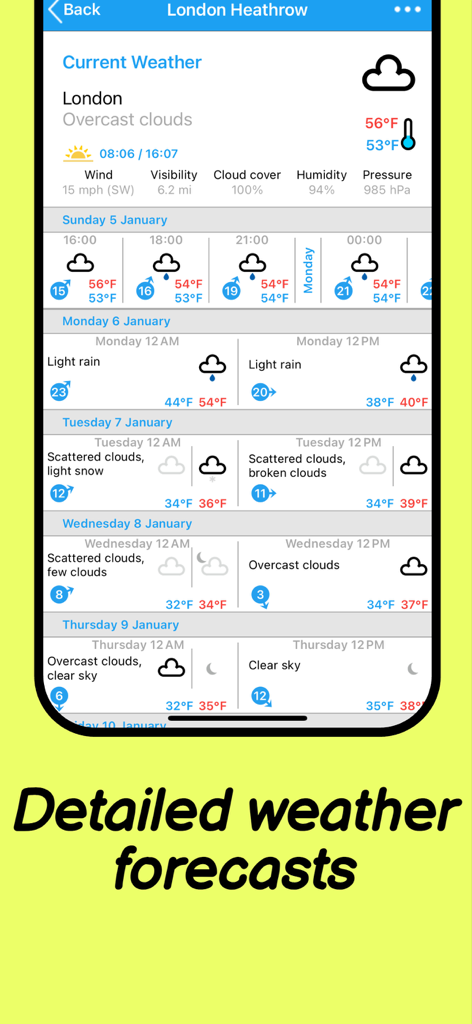 Detailed weather forecast for London Heathrow airport shown in the flight tracker app