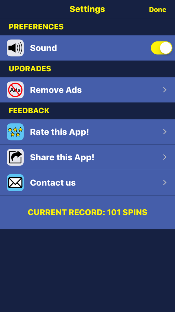 Super Spinner - Fidget Spinner Simulator - Einstellungsmenü der Super Spinner Fidget Simulator App, das Toneinstellungen und den aktuellen Rekord von 101 Drehungen anzeigt