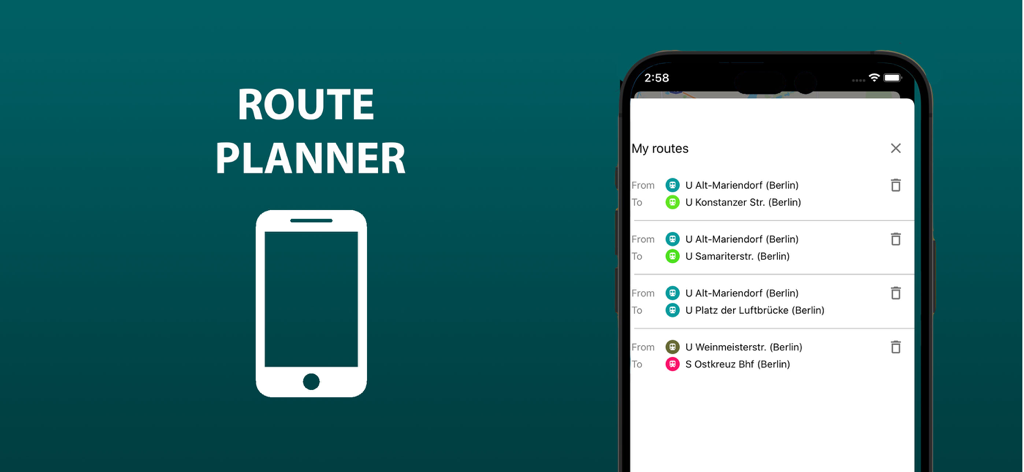 Public transport map Berlin - Interface of the Berlin public transport app showing a list of saved routes in the route planner