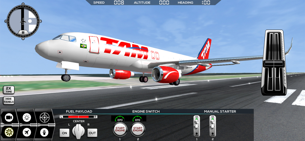 Kommerzielles TAM-Flugzeug auf einer Startbahn mit Flugsteuerungsinstrumenten in Flight Simulator FlyWings 2014