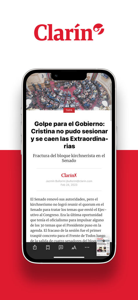 Interfaz de la app Kiosco Clarín en un iPhone mostrando un artículo de noticias digital sobre política argentina