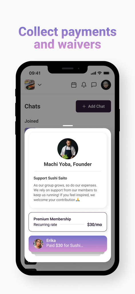 Heylo | Build community groups - Interface de l'application Heylo pour collecter les paiements des membres de la communauté et les décharges de responsabilité.
