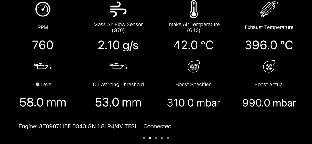 VAG Virtual Cockpit ELM327 OBD - Engine diagnostics dashboard showing real time RPM boost and oil data for VAG vehicles
