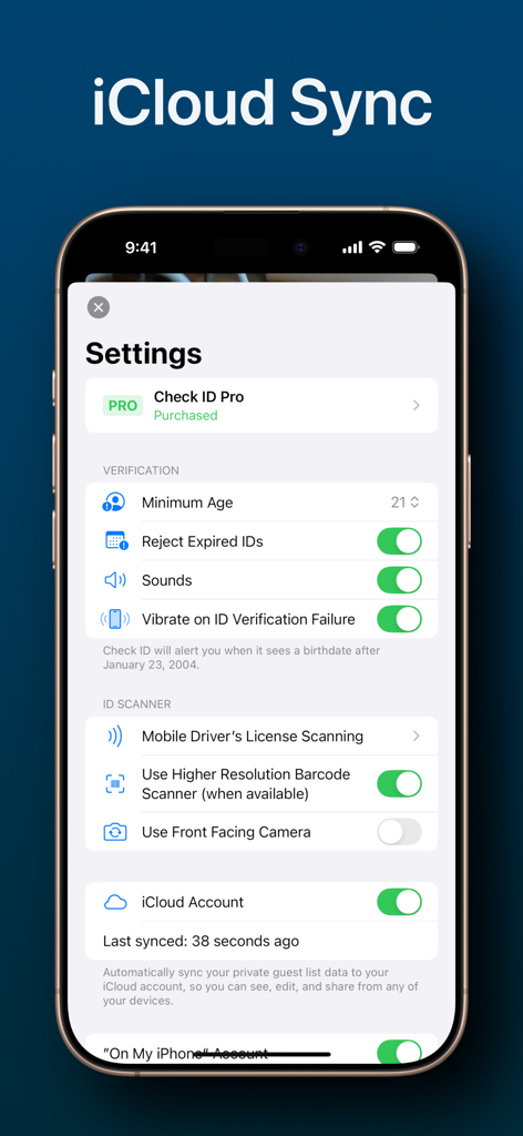 A mobile app settings screen showing options for iCloud sync, minimum age verification, and mobile driver license scanning.