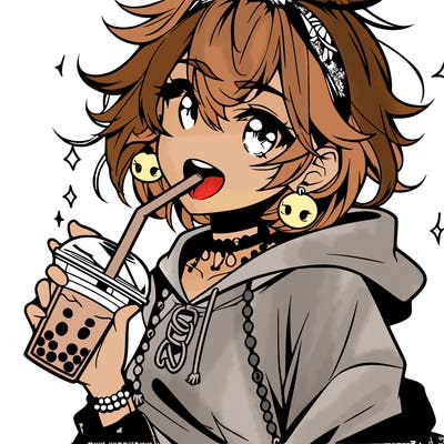 hot baddie anime girl drinking boba and biting the straw