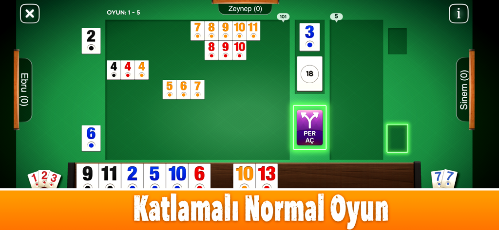 101 Okey Star ( internetsiz ) - Gameplay interface of 101 Okey Star showing tiles arranged on a green table with Turkish game text