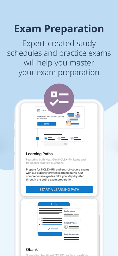 Interface de l'application Lecturio Nursing montrant les parcours d'apprentissage pour la préparation à l'examen NCLEX et des questions d'entraînement.