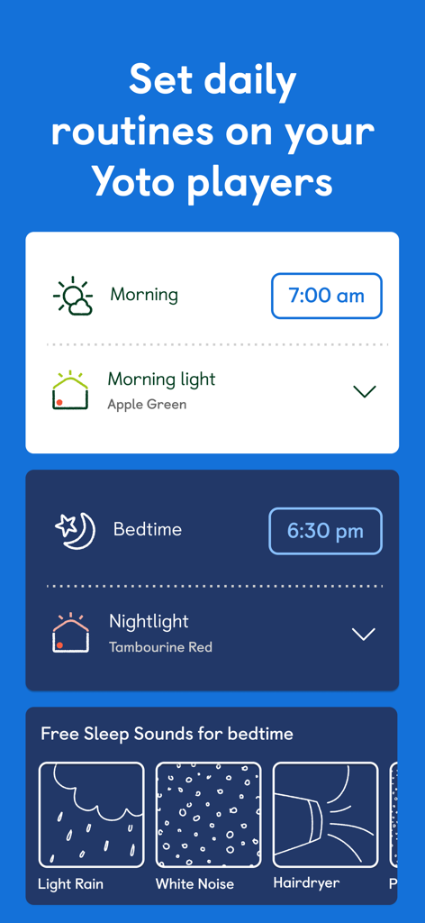 Yoto app interface showing customizable daily routines for morning and bedtime including nightlight colors and sleep sounds
