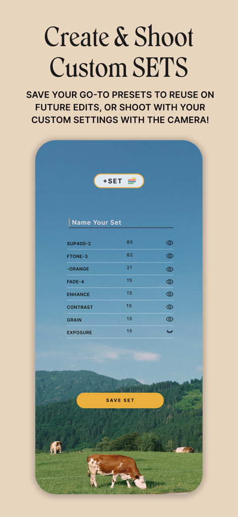 Phlow: Camera & Photo Editor - Interface of the Phlow app showing the creation of custom photo editing sets