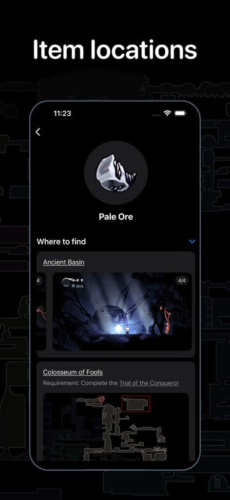 A screenshot of the Guide for Hollow Knight app showing locations for Pale Ore including the Ancient Basin and Colosseum of Fools.