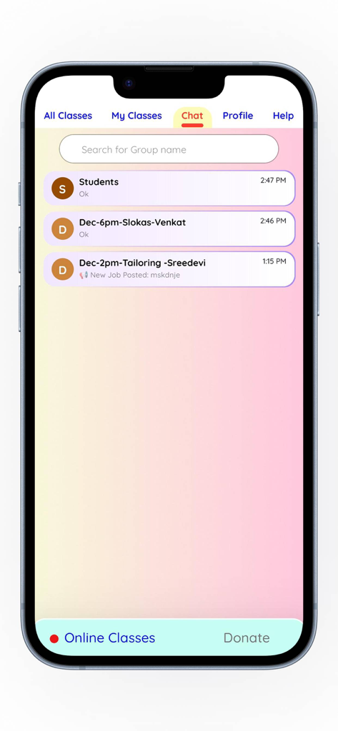 Free Gurukul - Screenshot of the Free Gurukul app chat screen showing online class groups for students and teachers