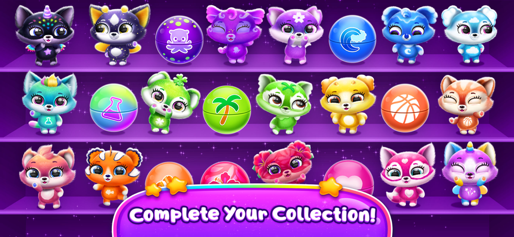 Fluvsies Merge Party - Una exhibición de varios personajes de mascotas virtuales coloridas y cápsulas sorpresa en la pantalla de colección de Fluvsies Merge Party.