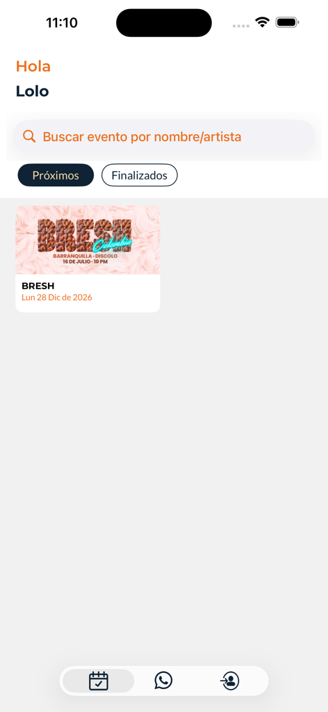 All Tickets App - Interface of the All Tickets App showing a search bar and an upcoming event card for Bresh