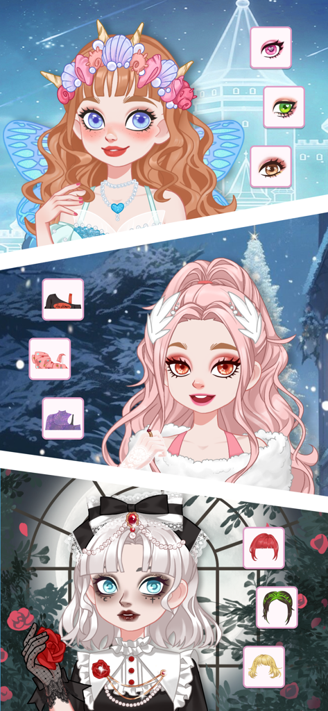 Doll Avatar Maker: Design - Showcase of three unique doll avatars with different hair and clothing styles.