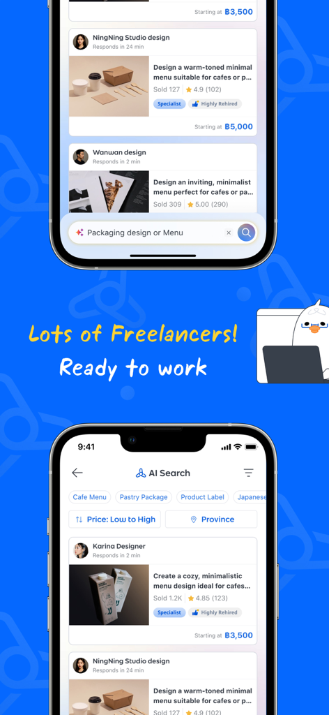 Fastwork app interface showing freelancer profiles for design services and AI search feature