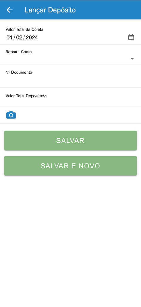 Tela do aplicativo móvel para envio de depósitos da igreja com campos para data, conta bancária e valor.