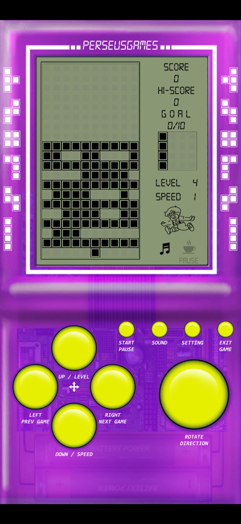 Brick Game - Retro Games - Gameplay de Brick Puzzle sur une interface de console de poche rétro violette dans l'application Brick Game