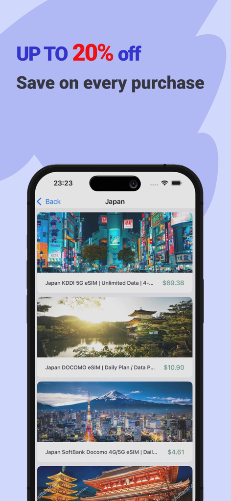 eLink eSIM:Trip Data+Internet - eLink app interface displaying discounted travel eSIM data plans for Japan