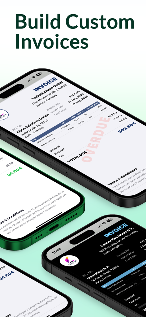 Invoice Maker Billing Manager - Interfaz de la aplicación móvil que muestra facturas profesionales personalizadas en pantallas de iPhone en temas claro y oscuro.