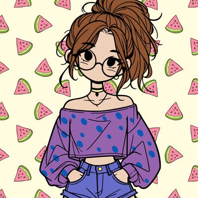 girl with a messy ponytail glasses a baggy crop top and jean shorts