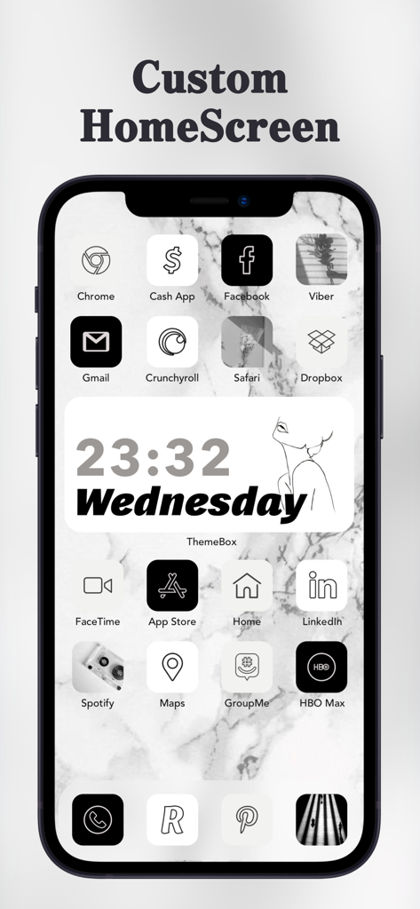 ThemeBox -Widgets,Themes,Icons - Custom iPhone home screen with black and white minimalist icons and marble wallpaper