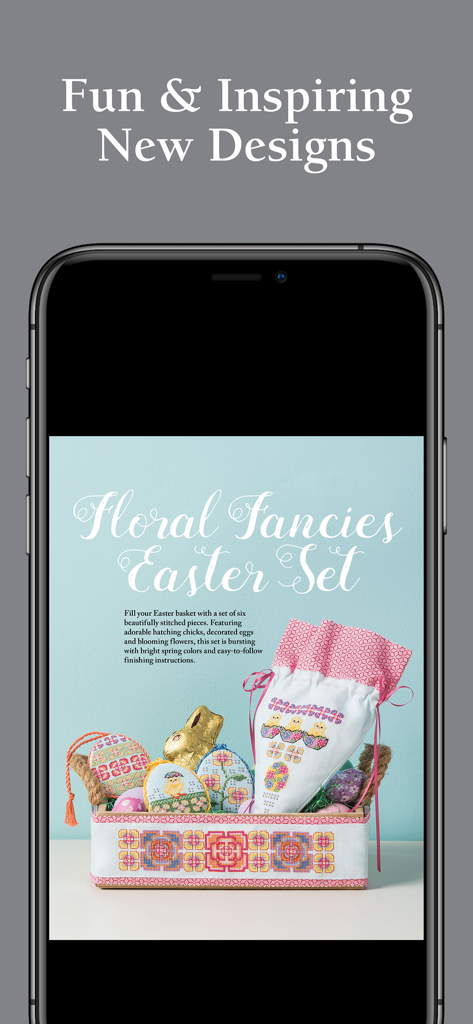 Easter themed cross-stitch patterns and designs shown in the Just CrossStitch mobile app