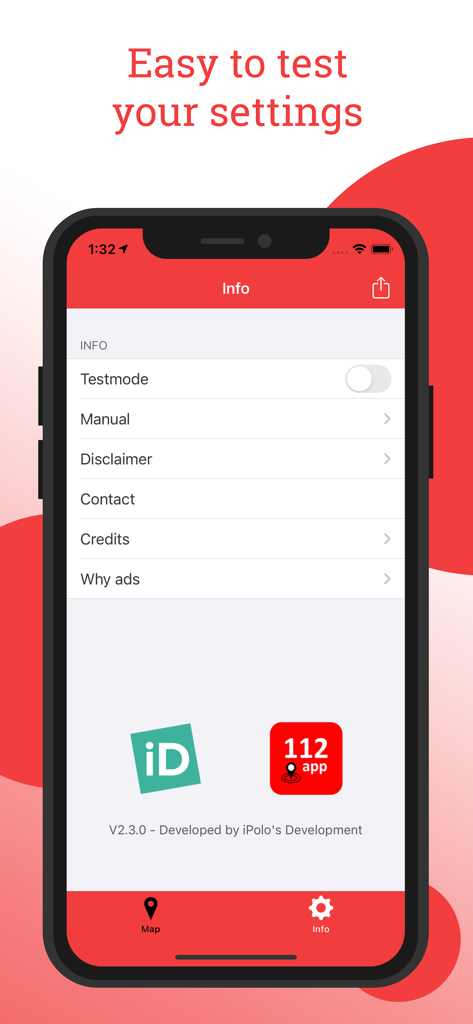 112 App - The info and settings screen of the 112 App showing options for test mode, manual, and developer contact details.