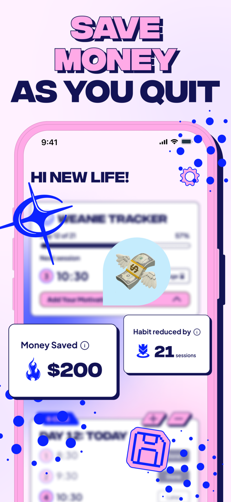 Weanie - Quit Smoking Tracker - Weanie app dashboard displaying two hundred dollars in money saved and twenty one smoking sessions reduced