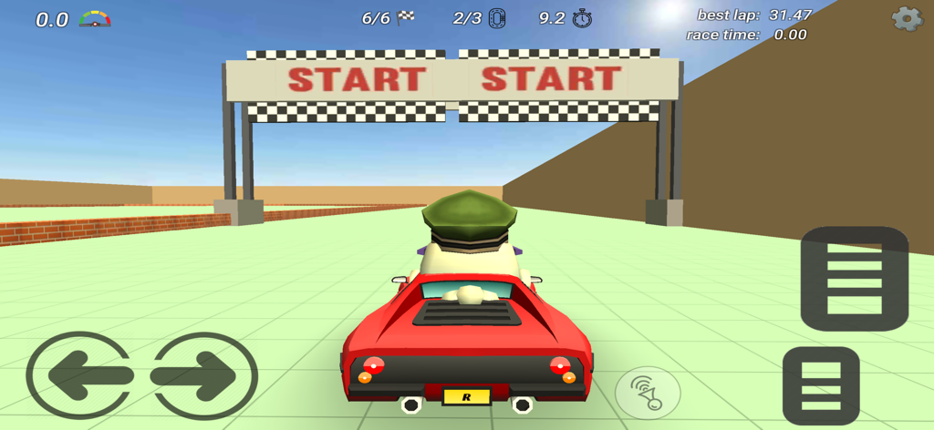 Chicken Gun - A chicken wearing a green cap driving a red sports car at the start line of a race track.