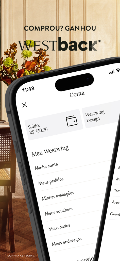 Écran de compte de l'application mobile Westwing montrant le solde de cashback et le menu du profil utilisateur