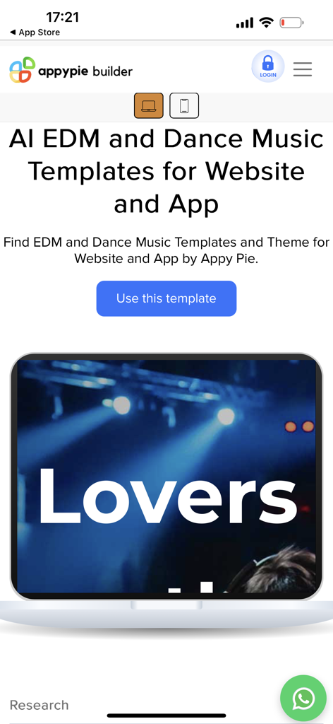 Screenshot of Appy Pie AI website builder showcasing EDM and dance music website templates with a preview of a music themed design.