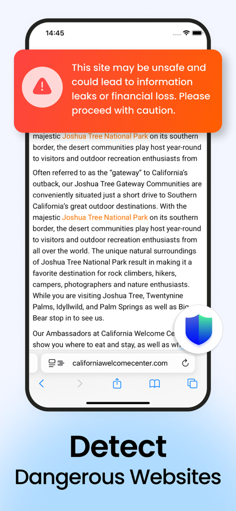 Un iPhone affichant une bannière d'alerte de sécurité sur un site Web avec le titre Détecter les sites Web dangereux.