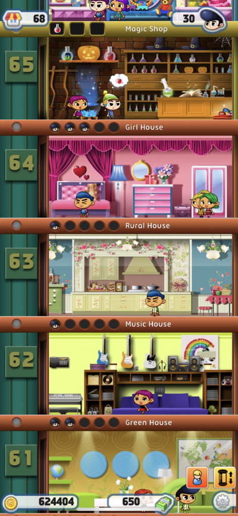 Gameplay screen of Dream Tower showing various themed floors like a magic shop and music house.