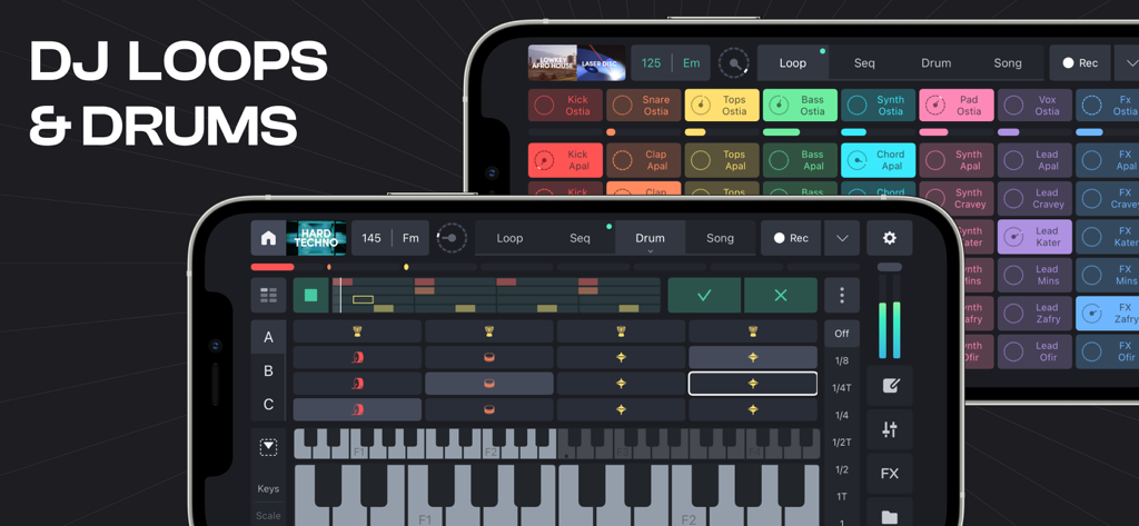 Remixlive - Make Music & Beats - 두 대의 스마트폰에서 DJ 루프와 드럼 패드를 특징으로 하는 Remixlive 모바일 인터페이스.