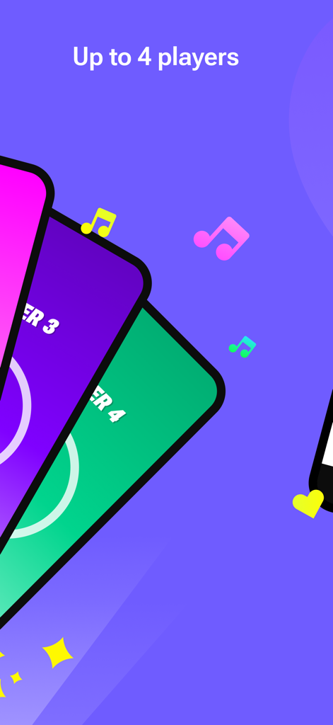 Graphic showcasing the app feature allowing up to 4 players to connect simultaneously with colorful player icons and musical notes.