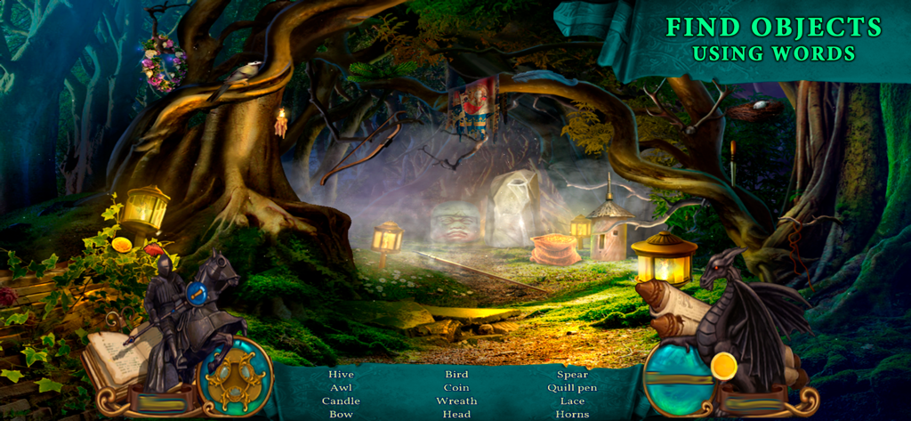 Hidden object gameplay scene in a magical forest from Camelot 2 The Holy Grail