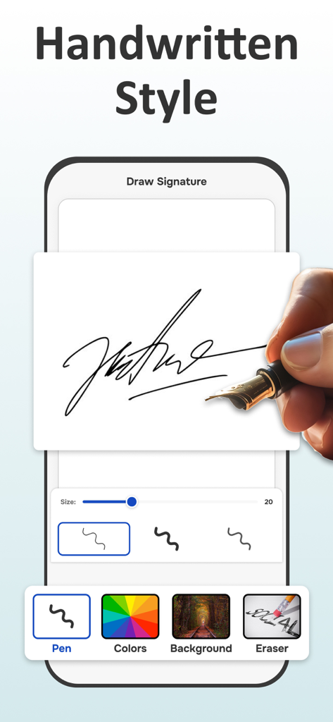 Signature Maker - e Sign App - Mobile interface showing the handwritten style feature to draw a digital signature