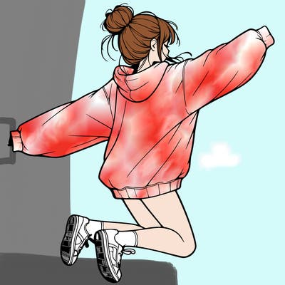 realistic girl jumping with a bun and oversized sweatshirt