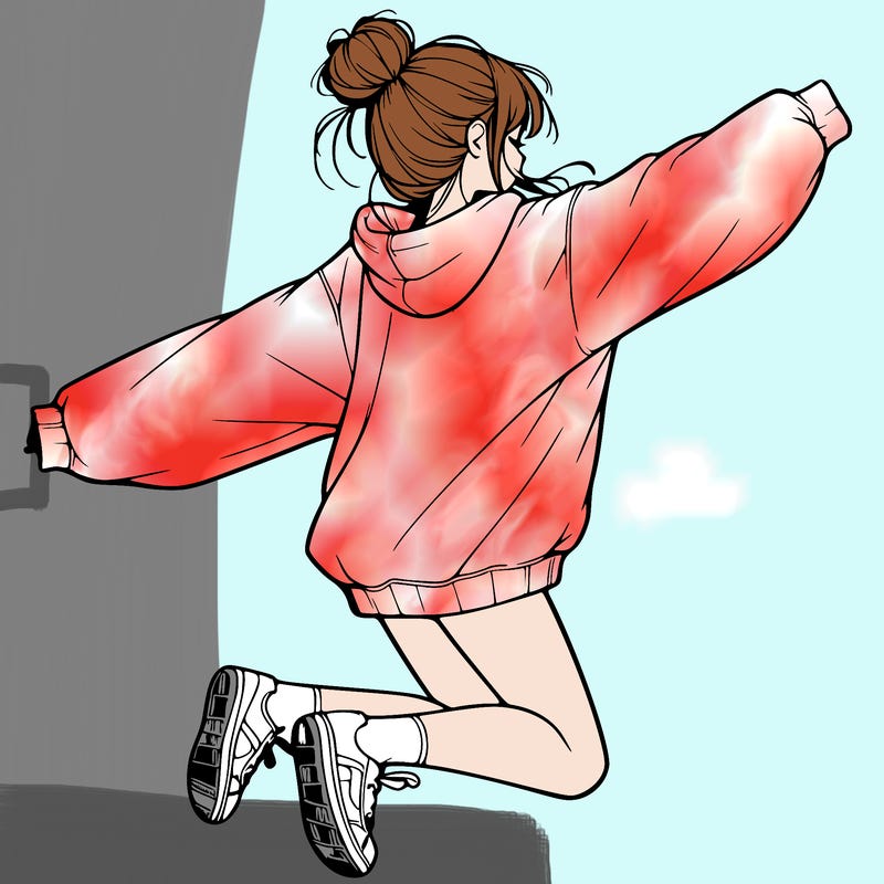 realistic girl jumping with a bun and oversized sweatshirt