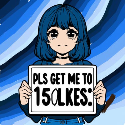 realistic girl holding up a sign that says “pls get me to 15 likes!”