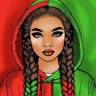 realistic girl with braids and a hoodie with the hood covering her head