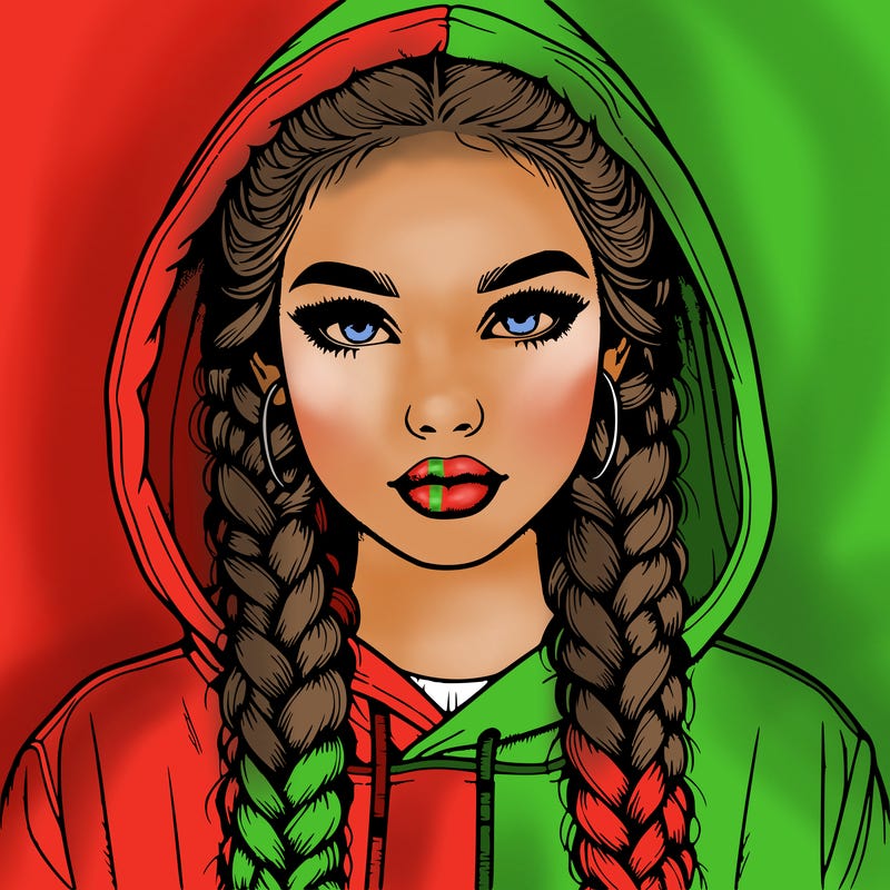 realistic girl with braids and a hoodie with the hood covering her head