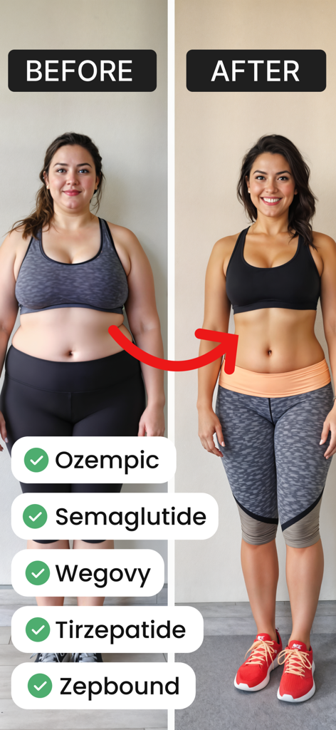GLP 1 Tracker: Shot Pal - Before and after weight loss transformation of a woman using GLP-1 medications like Ozempic and Wegovy.