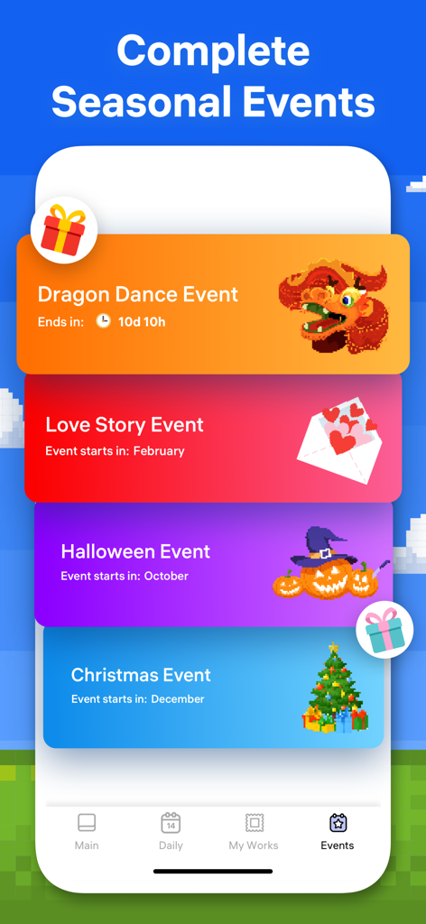 Pixel Art － Color by Number - Interface do aplicativo Pixel Art exibindo uma lista de eventos sazonais, incluindo Dança do Dragão, História de Amor, Halloween e Natal