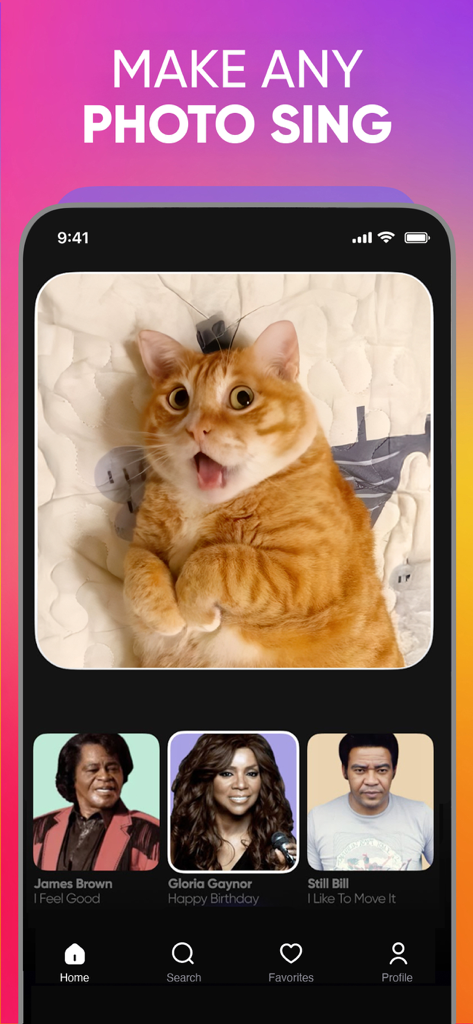 A screenshot of the Revive AI app interface showing a ginger cat photo with an option to make it sing using songs from various artists.